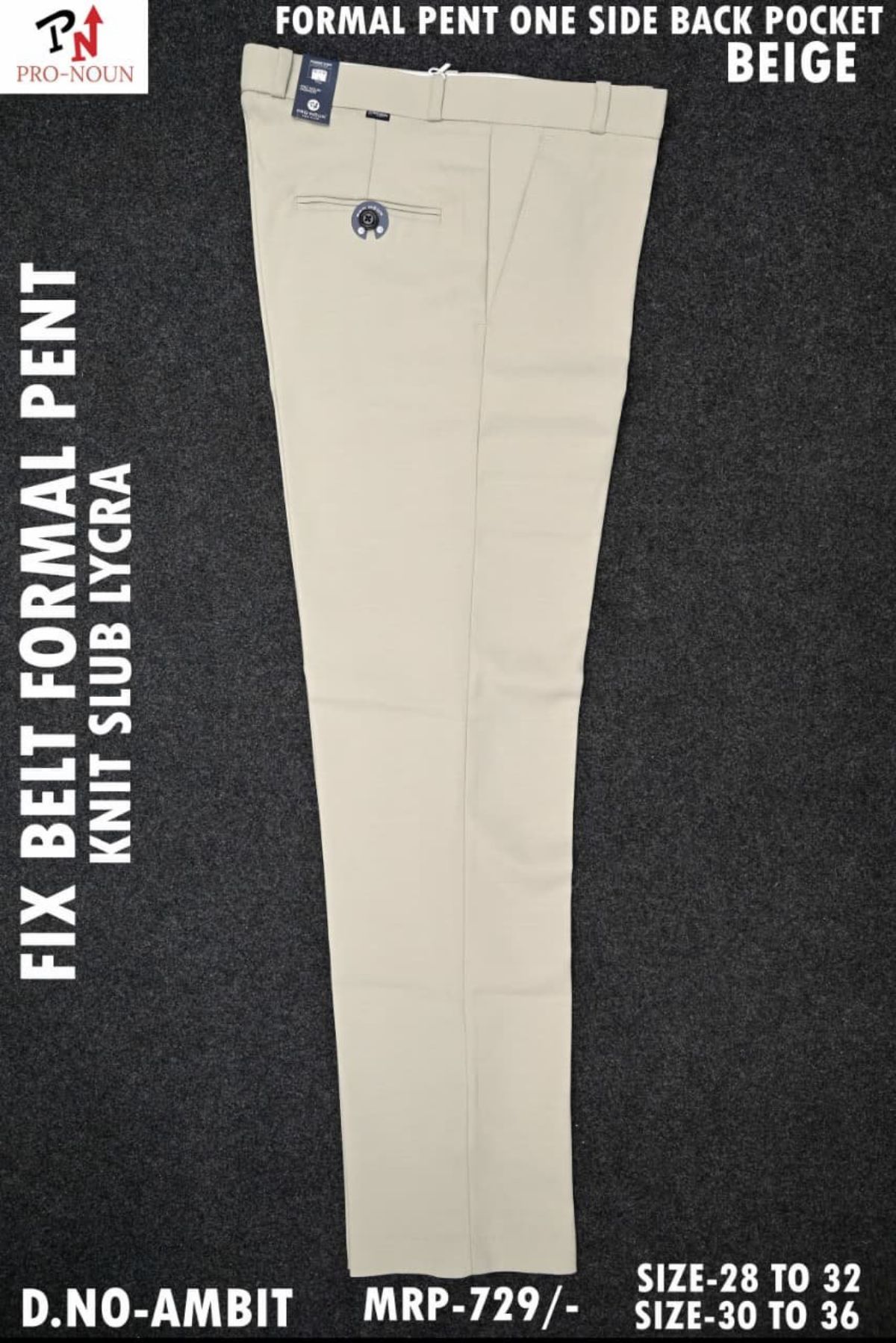 Pro-Noun Men's Formal Pants with One Side Pocket & fix belt D No- Ambit (28-32)