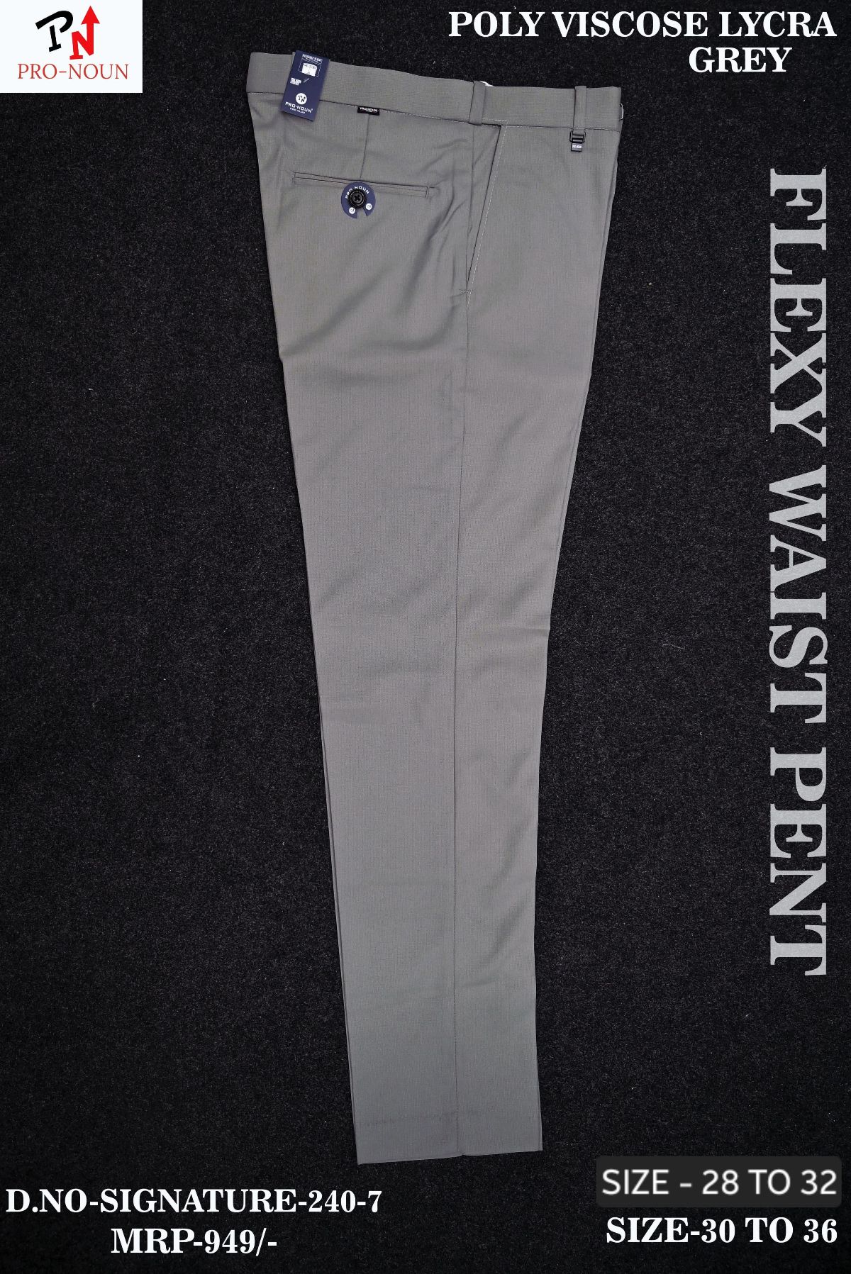 Pro-Noun Men's  Formal Trouser Pants With Adjustable belt D No- Signature 240-7(30-36)- Grey