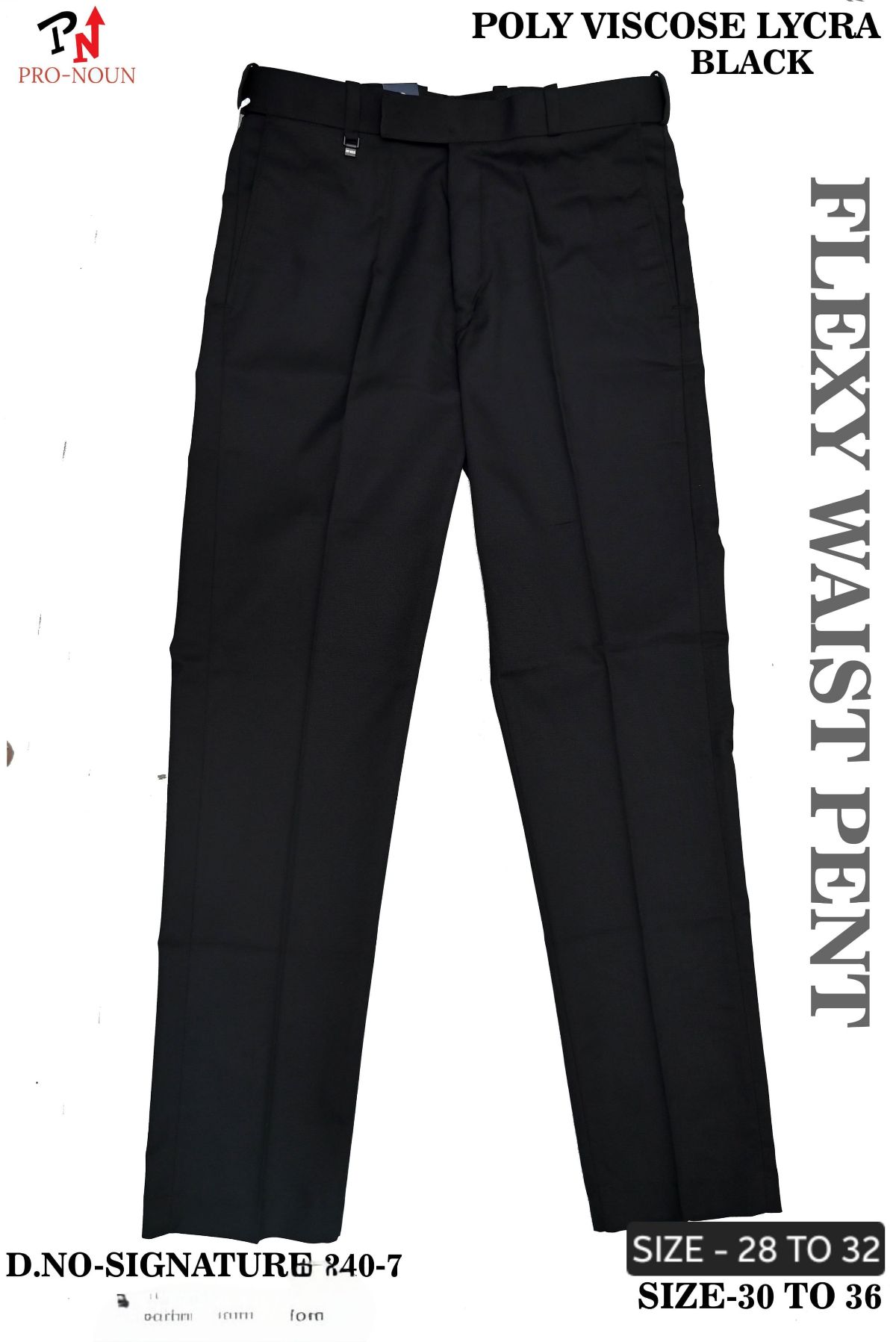 Pro-Noun Men's  Formal Trouser Pants With Adjustable belt D No- Signature 240-7(28-32)- Black