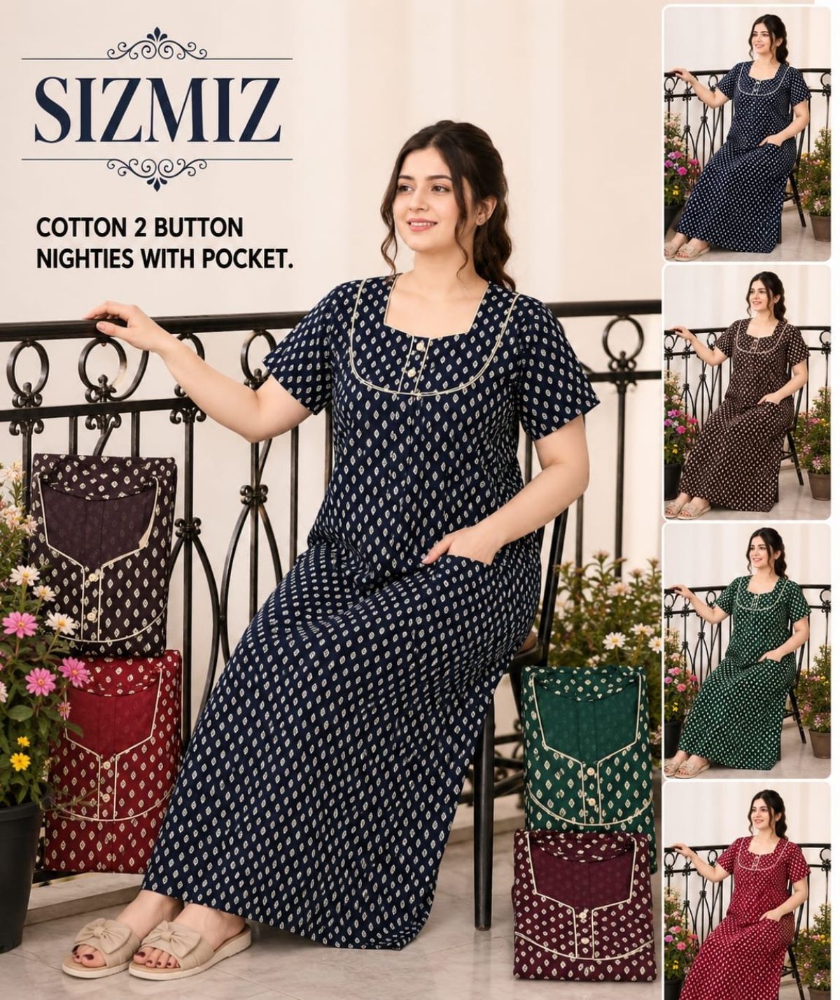 Women Pure Cotton Night Gown With Two Button Sadhna