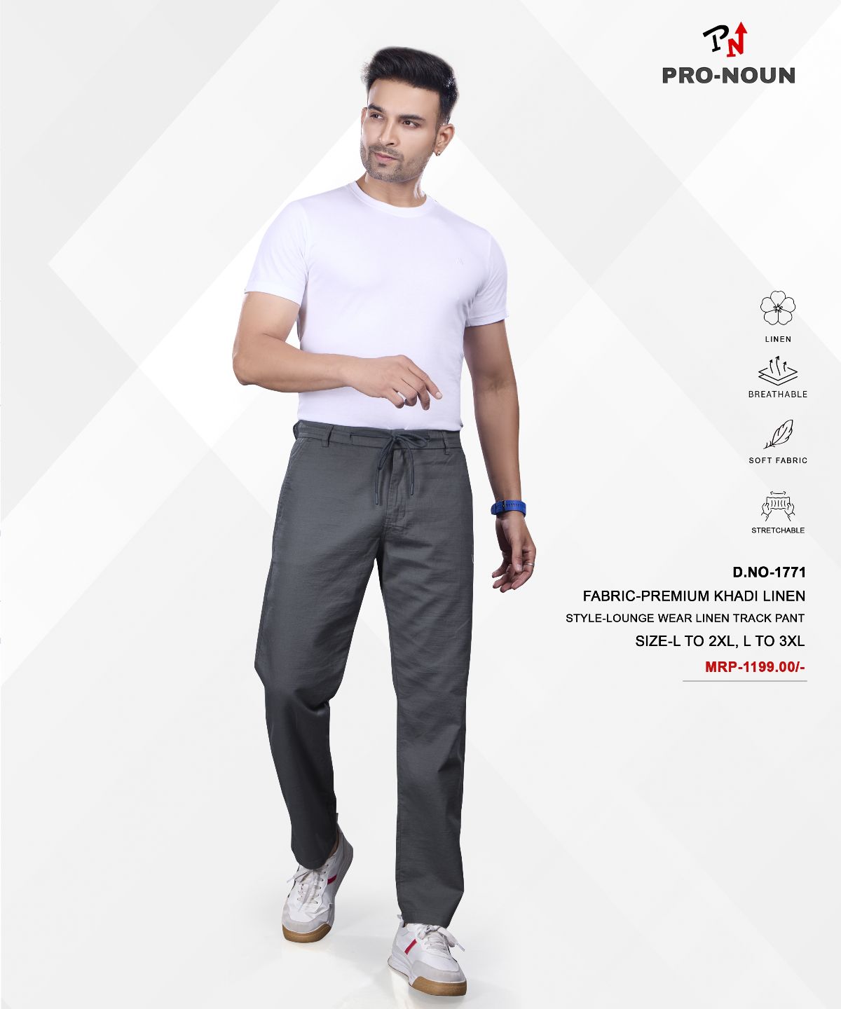 Pro-Noun Men's Lounge Wear Linen Trackpant- D No- 1771-Grey