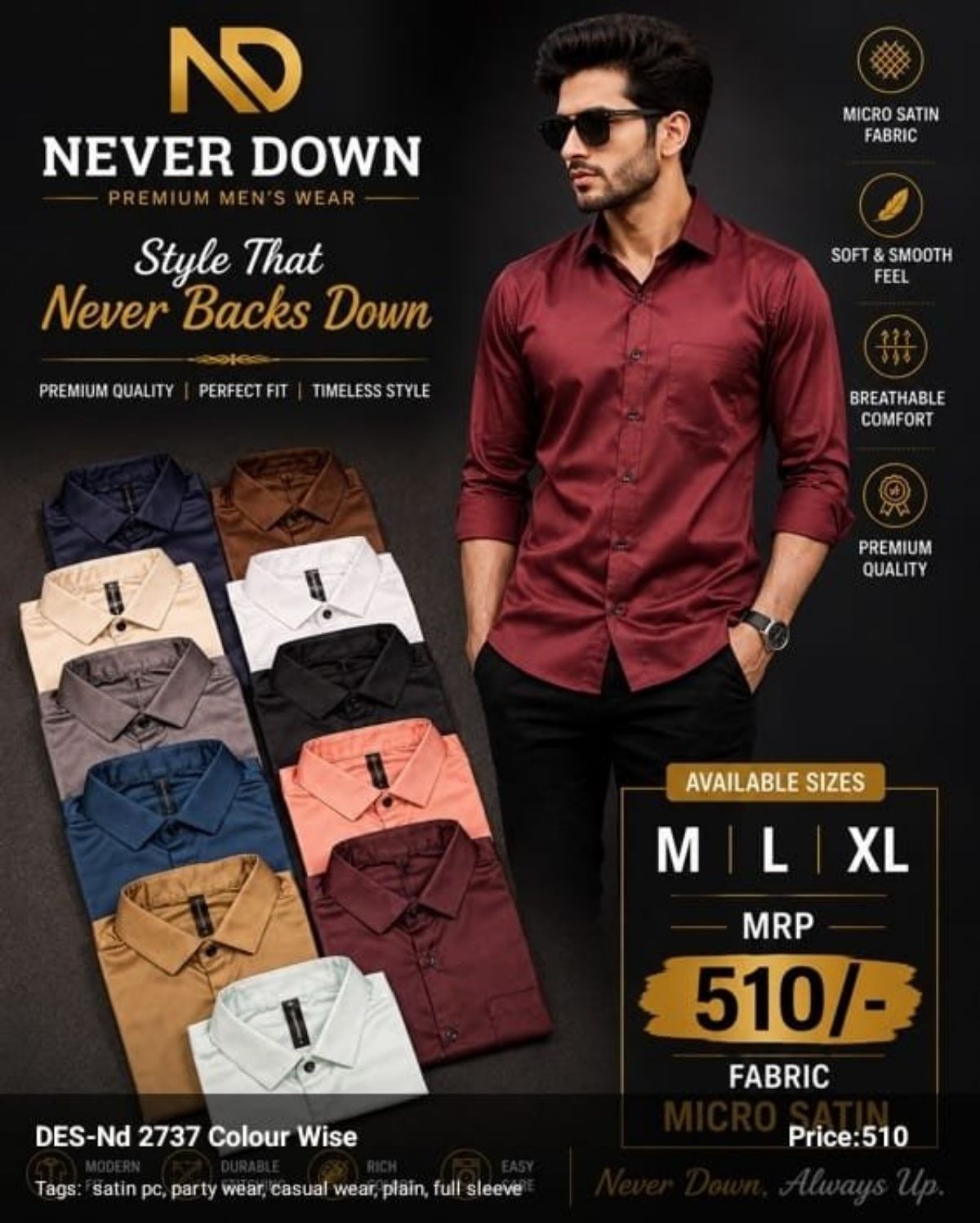 Never Down Men's Polly Satin Shirts