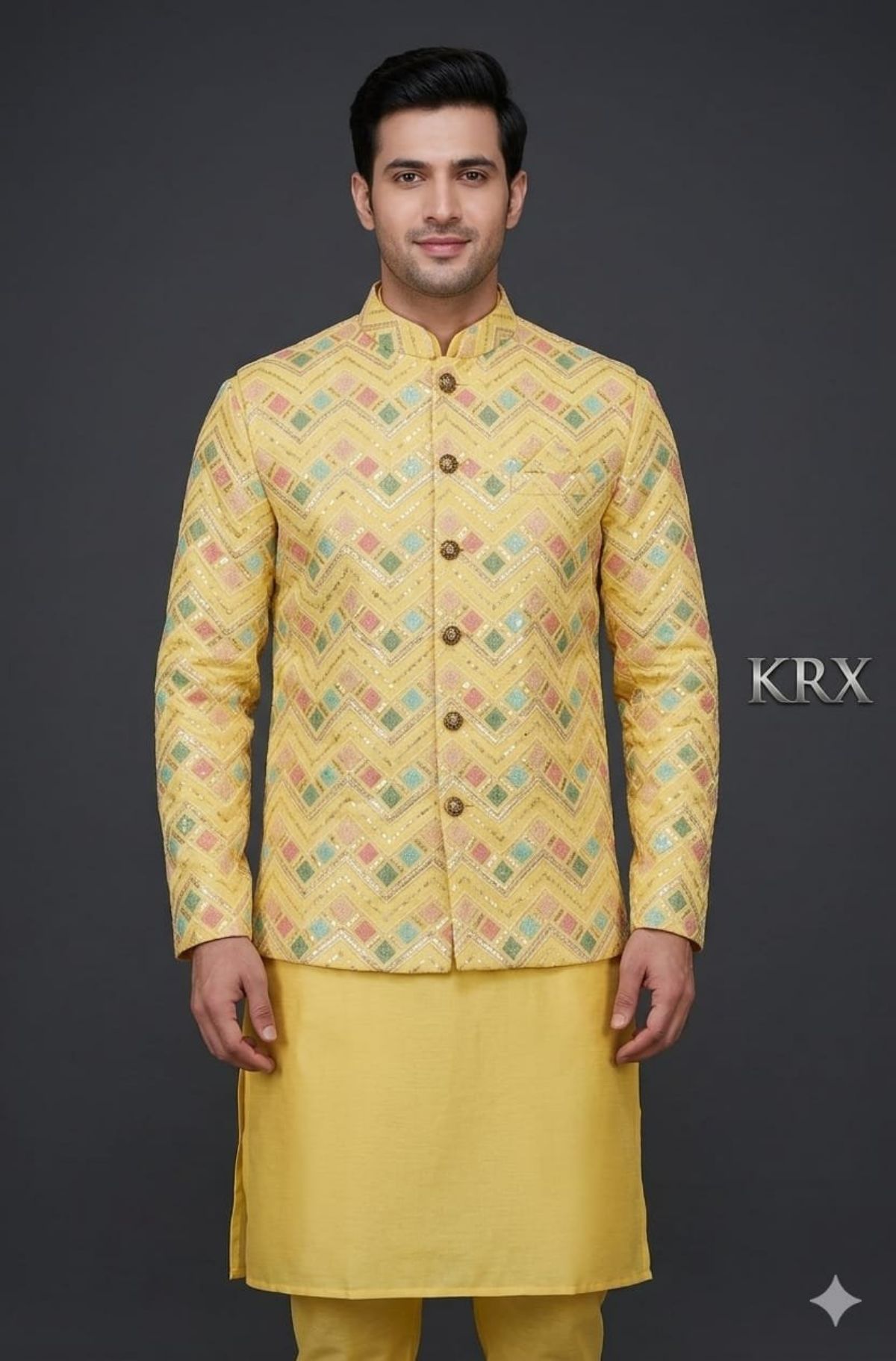 KRX Men's Heavy Kurta Pajama With Nawabi Jacket 3 Piece Set