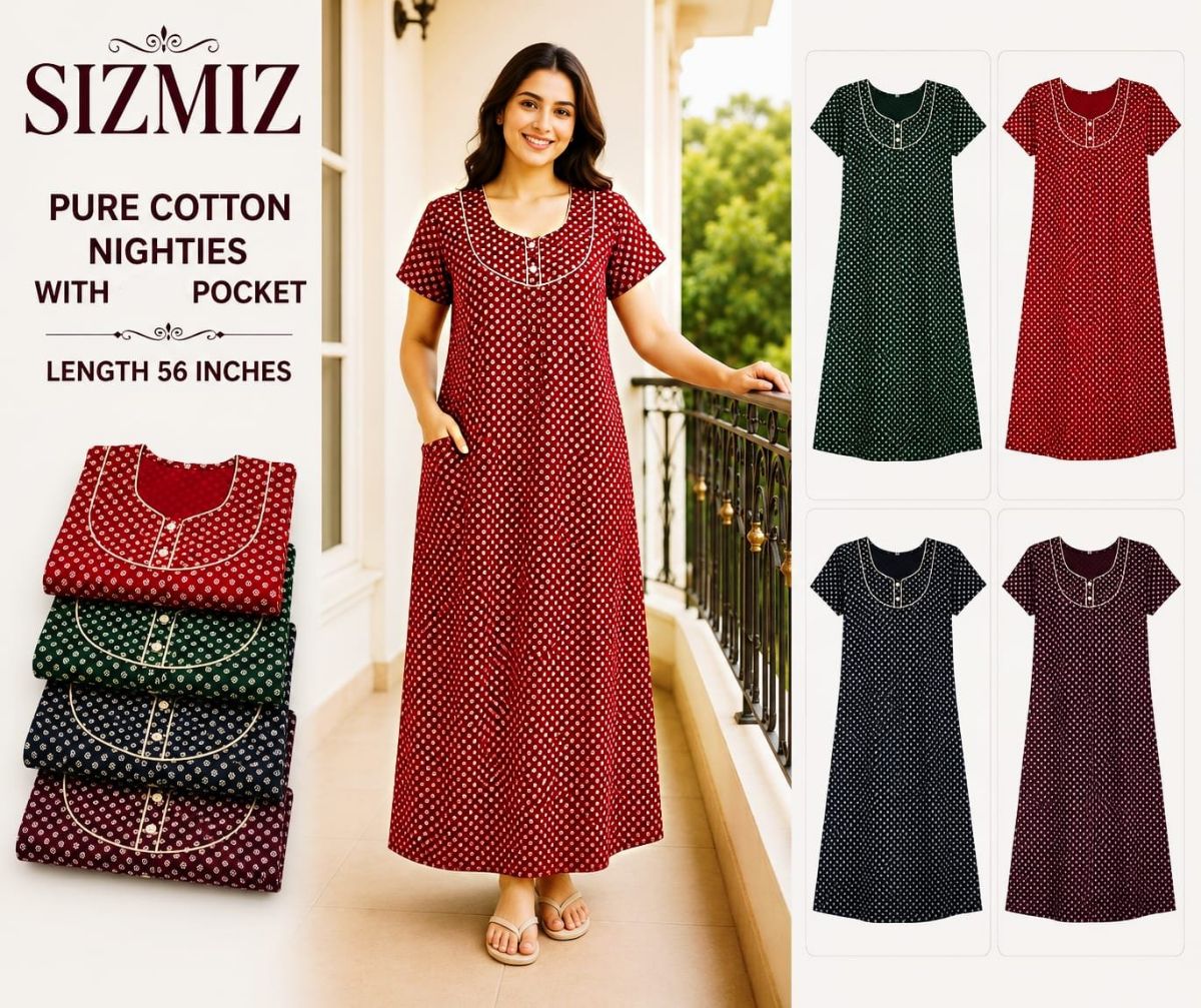 Sarina Women Pure Cotton Night Gown with pocket -Free Size