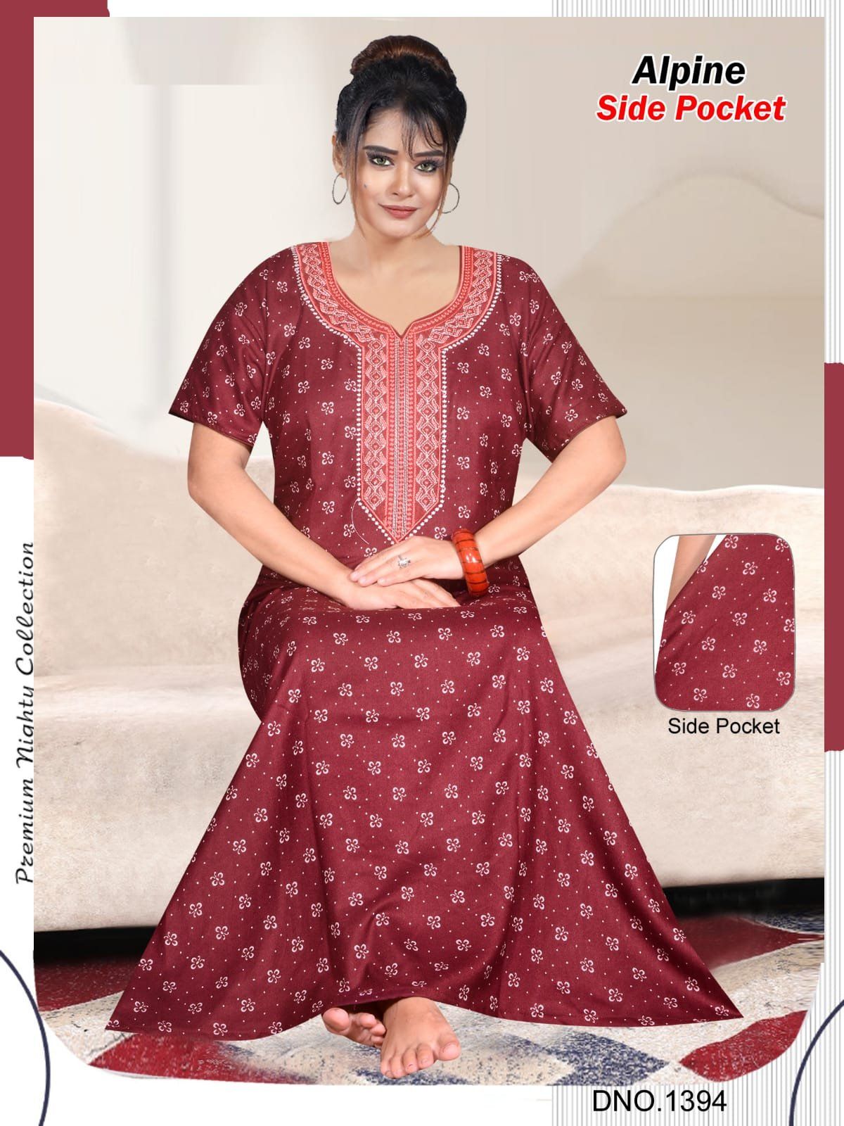 Women's Alpine Premium Nighties Fancy Long Embroidery Pattern with side pocket